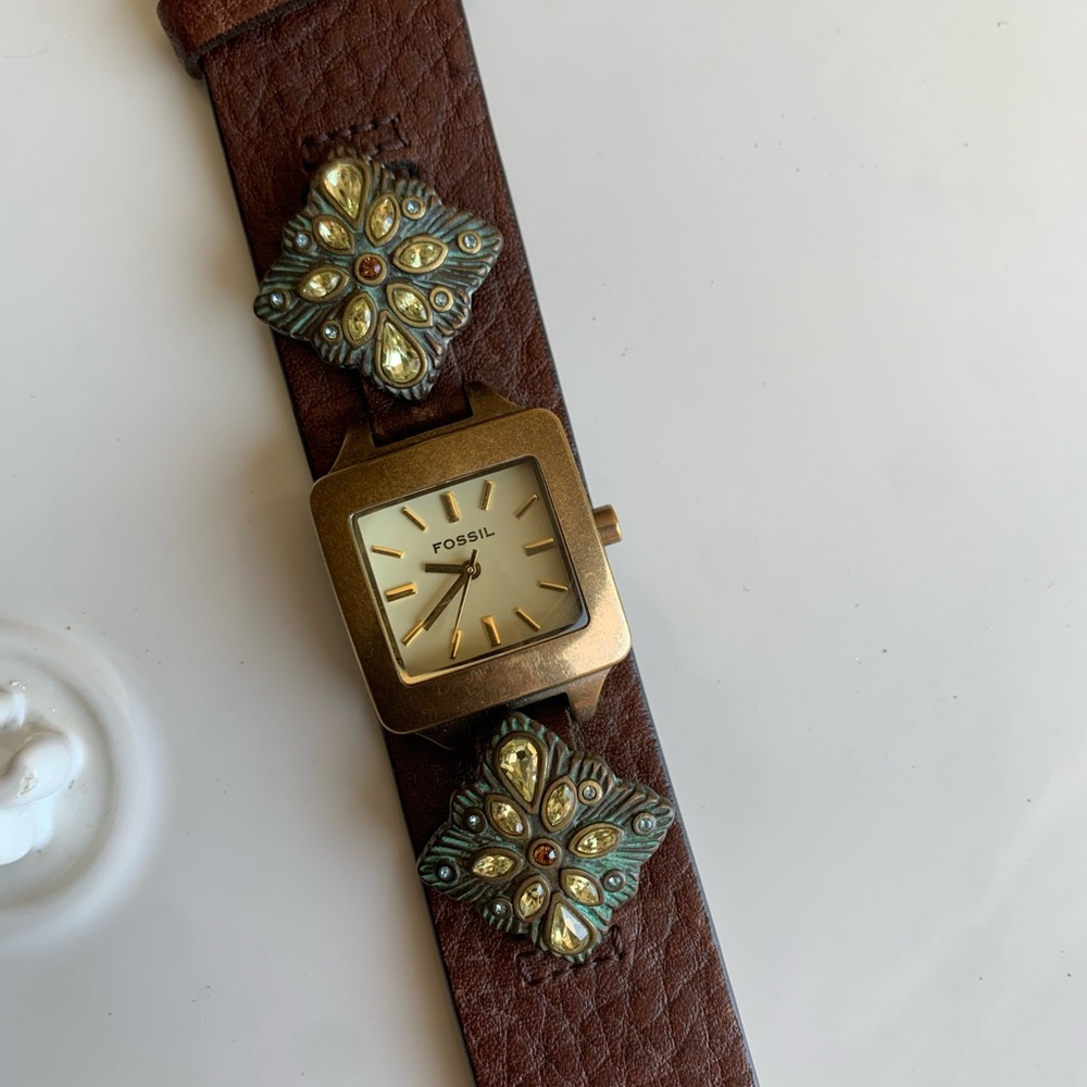 Unique Fossil Gold & Brown Leather Watch with Vintage/Boho Charm